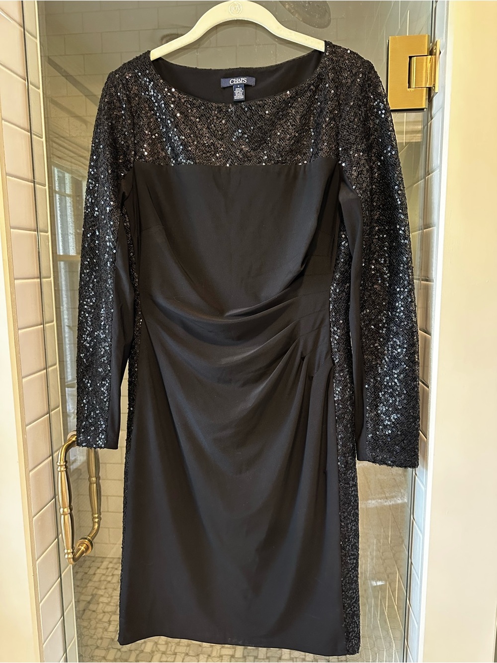 Chaps Black Sequin-Trim Long Sleeve Sheath Dress